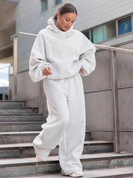 Dresowe bawełniane SPODNIE  z szerokimi nogawkami szary melanż X31