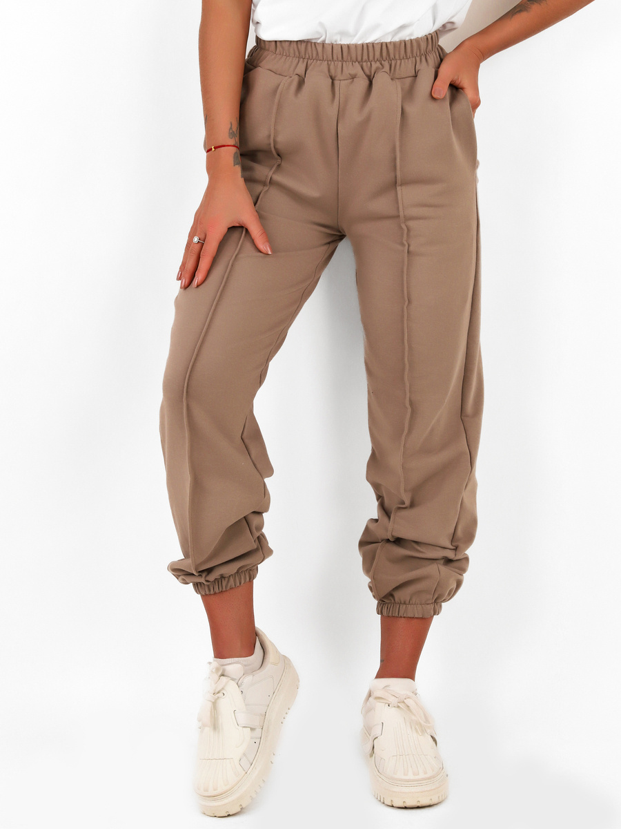 Dresowe bawełniane spodnie z przeszyciami cappuccino d119 k01