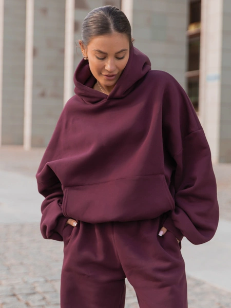 Viralowa Dresowa bawełniana BLUZA z kapturem oversize szeroka deep plum / śliwkowa E644