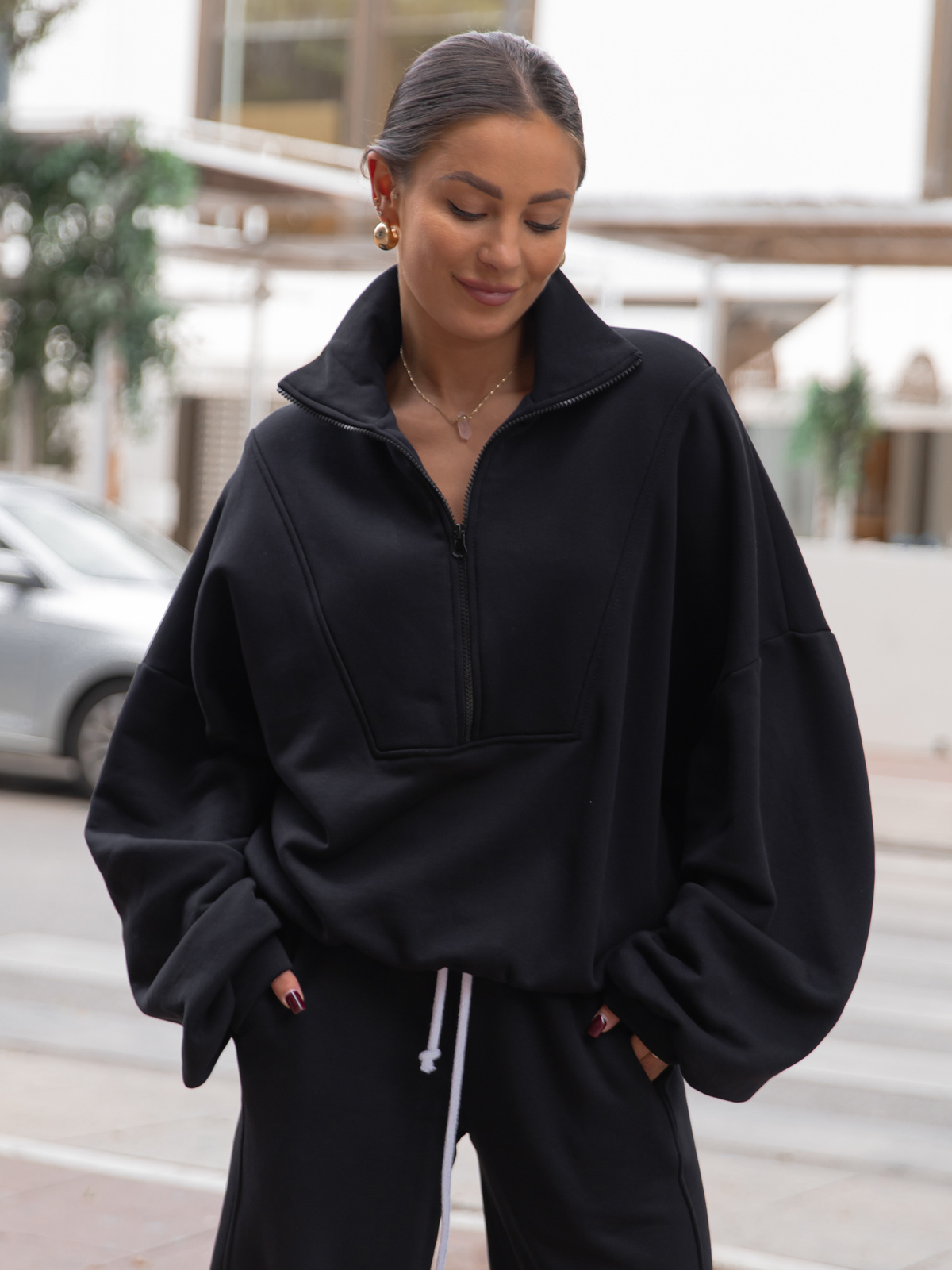 ZESTAW DRESOWY: Oversizowa BLUZA z dresu drapanego na stójce z zamkiem X477 + Oversizowe SPODNIE dresu drapanego z przeszyciem i ściągaczami X476