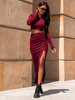 Elegancki KOMPLET bluzka z długim rękawem i spódnica maxi drapowana bordowy X317