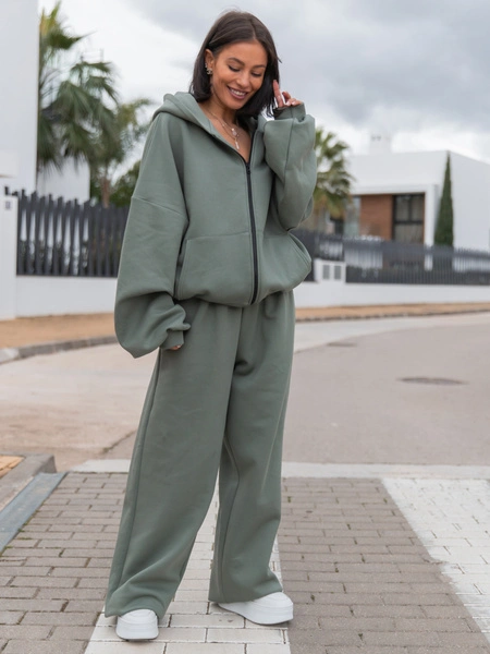 Dresowe bawełniane SPODNIE  z szerokimi nogawkami khaki X31 k01