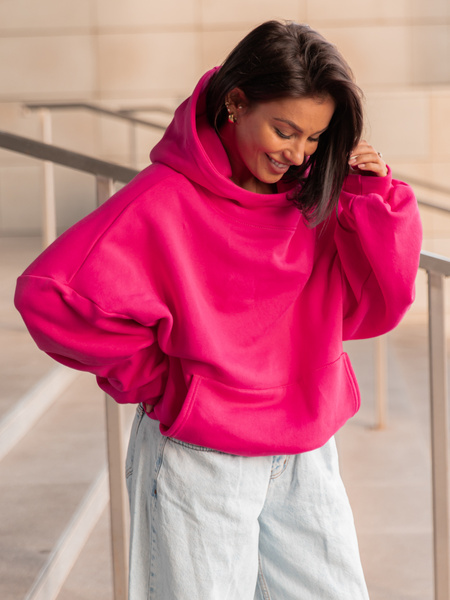 Viralowa Bawełniana BLUZA z drapanego dresu z kapturem na stójce z kieszeniami kangurka różowa E1