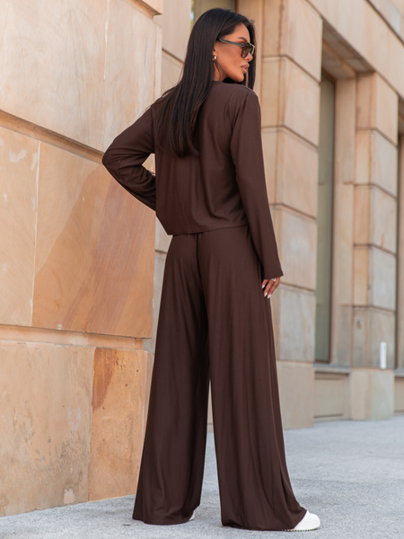 Codzienny komfortowy KOMPLET z wiscozy luźna bluzka z długim rękawem i szerokie spodnie czekoladowy X318