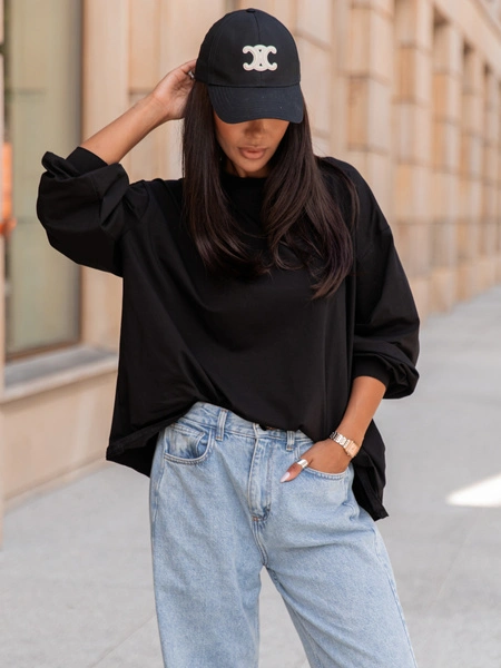 Oversizowy T-SHIRT bluzka z długim rękawem z bawełny czarny X313