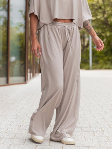 Szerokie SPODNIE z wiskozy ze średnim stanem z gumką w pasie stone X202 k01