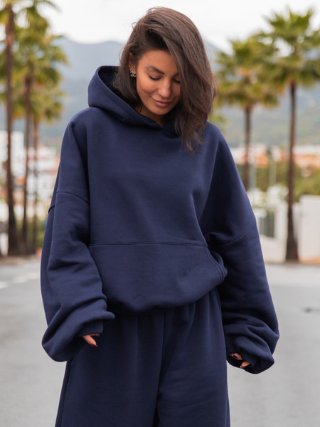 Viralowa Dresowa bawełniana BLUZA z kapturem oversize szeroka navy blue E644