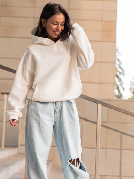 Dresowa bawełniana BLUZA z kapturem kangurka o klasycznym kroju ecru X350