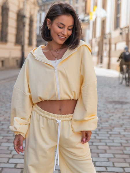 Luźna BLUZA z kapturem zapinana na zamek oversize szeroka z bawełnianej dresówki niedrapanej od wewnątrz butter yellow jasny żółty X218 k01