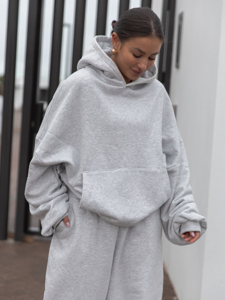Dresowa bluza z bawełny baggy z kangurką i kapturem szary melanż X562