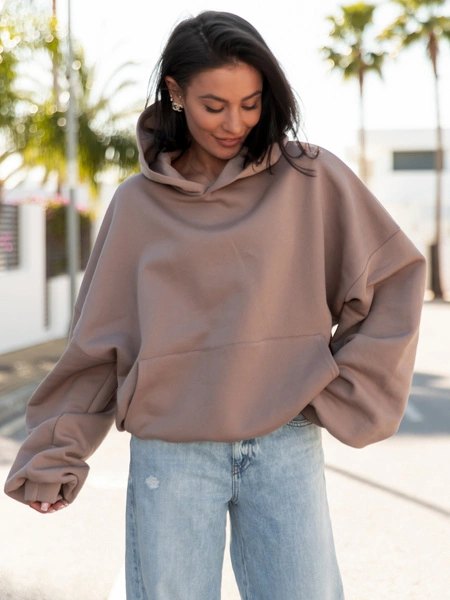 Viralowa Dresowa bawełniana BLUZA z kapturem oversize szeroka mokka E644