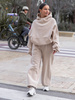 Oversizowy KOMPLET z drapanego bawełnianego dresu bluza z kapturem na stójce kangurka i spodnie szerokie baggy beżowy E1 + E643