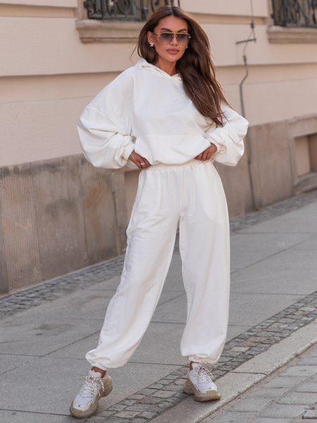 Dresowy bawełniany KOMPLET oversizowy bluza z kapturem i szerokie spodnie ze ściągaczami ecru E315