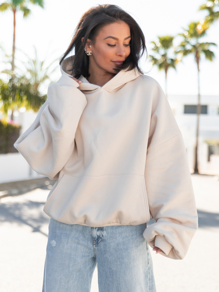 Viralowa Dresowa bawełniana BLUZA z kapturem oversize szeroka waniliowa E644 k01