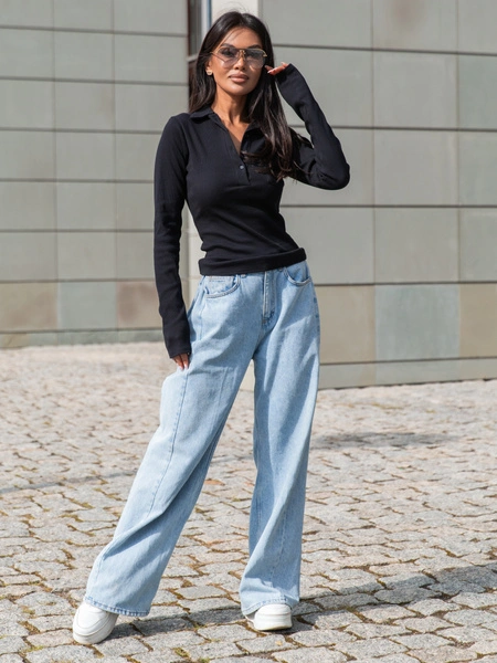 Basic Bawełniana BLUZKA z prążkowanej dzianiny z kołnierzykiem czarna X405