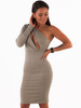 Dzianinowa elegancka sukienka midi z jednym rękawem cappuccino c426 k01