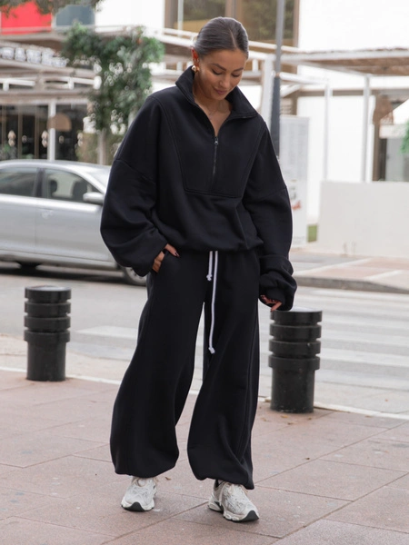 Oversizowa bawełniana BLUZA z dresu drapanego na stójce z zamkiem czarna X477