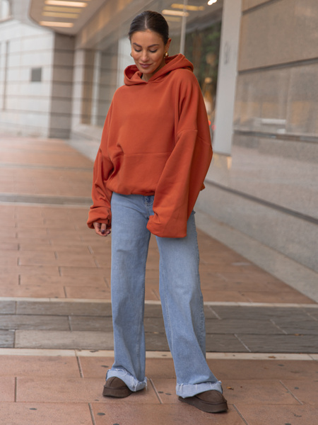 Viralowa Dresowa bawełniana BLUZA z kapturem oversize szeroka dark pumpkin orange E644