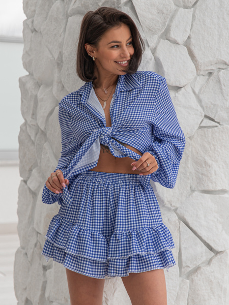 Zwiewna krótka SPÓDNICA ze spodenkami w kratkę navy blue X208 k01