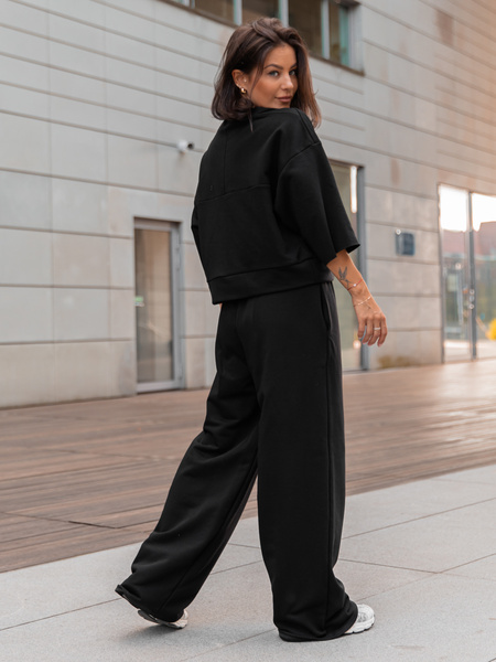 Dresowy bawełniany KOMPLET oversizowa bluzka i luźne spodnie z szerokimi nogawkami czarny X353