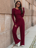 Wiskozowy KOMPLET dopasowana bluzka z długim rękawem i luźne spodnie bordowy E351