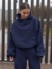 Viralowa Bawełniana BLUZA z drapanego dresu z kapturem na stójce z kieszeniami kangurka navy blue E1