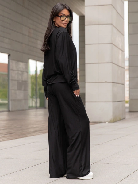 Wiskozowy codzienny KOMPLET lużna bluzka o kroju koszuli i luźne spodnie czarny X357 k01