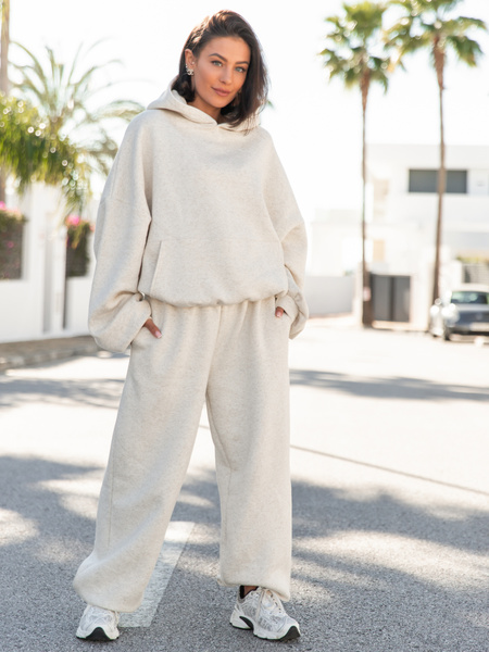 Viralowa Dresowa bawełniana z lnem BLUZA z kapturem oversize szeroka beż melanż E644 k01