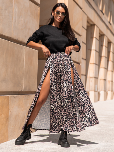 Rozkloszowana maxi SPÓDNICA z rozporkami po bokach panterka X311