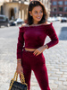Komplet welurowy bluza opuszczana na ramiona i spodnie bordowy c352 k01
