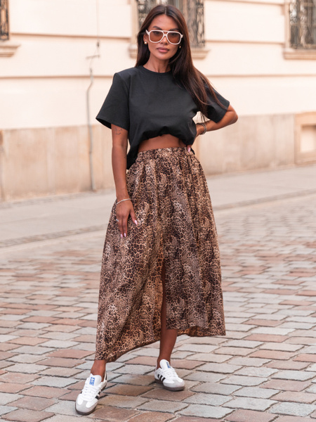 Zwiewna długa SPÓDNICA maxi z rozporkami panterka E414 k01