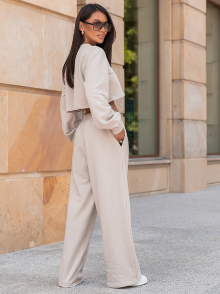 Dresowy bawełniany KOMPLET oversizowa bluzka z długim rękawem i luźne spodnie z szerokimi nagawkami stone X303