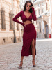 Bawełniany KOMPLET z prążkowanej dzianiny top z dekoltem z długim rękawem i spódnica midi bordowy E435 k01
