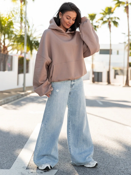 Viralowa Dresowa bawełniana BLUZA z kapturem oversize szeroka mokka E644