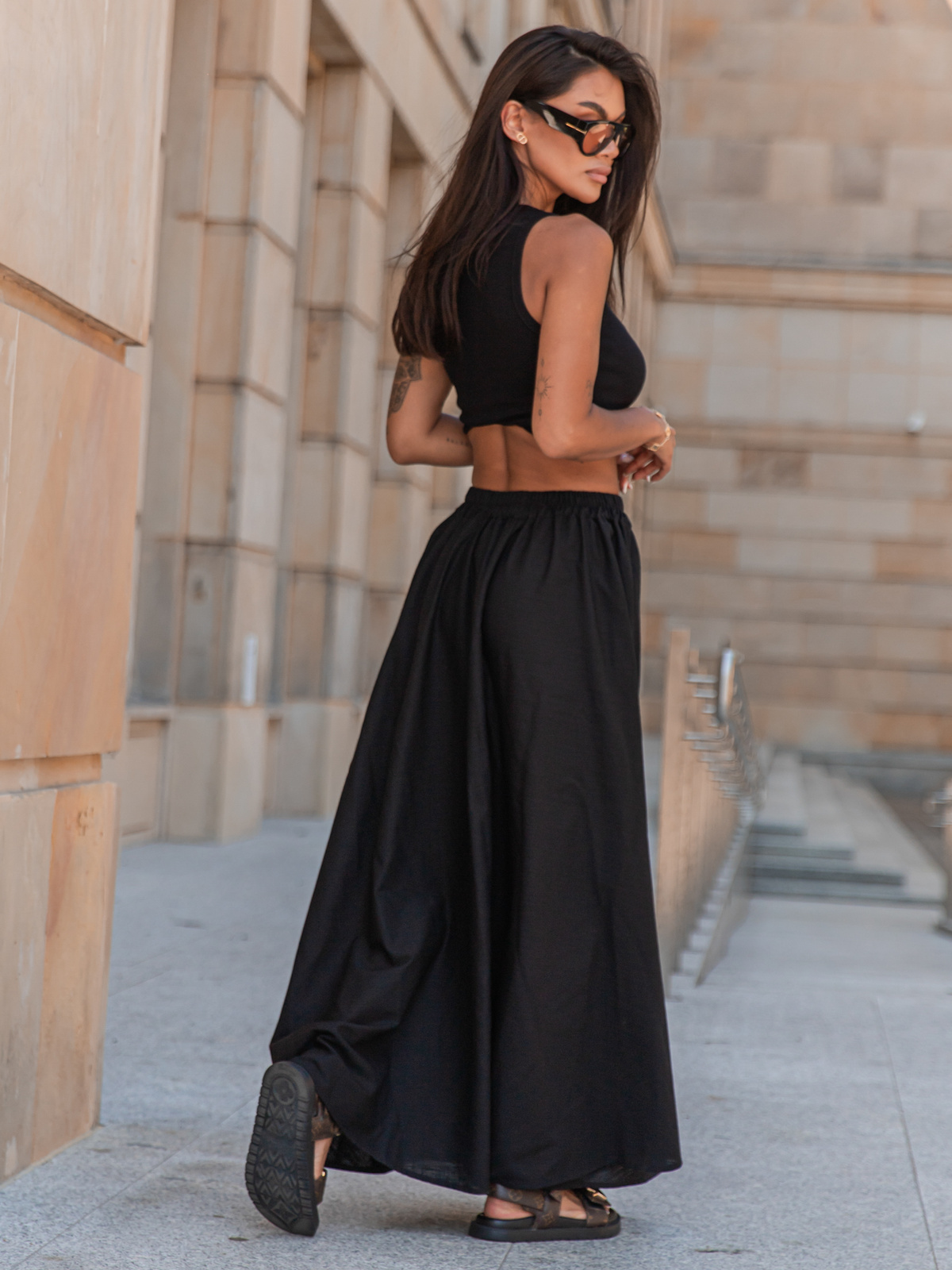 Lniana maxi SPÓDNICA czarna X252 k01