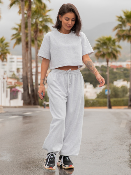 Dresowy bawełniany T-SHIRT z krótkim rękawem oversize szary melanż X56 k01