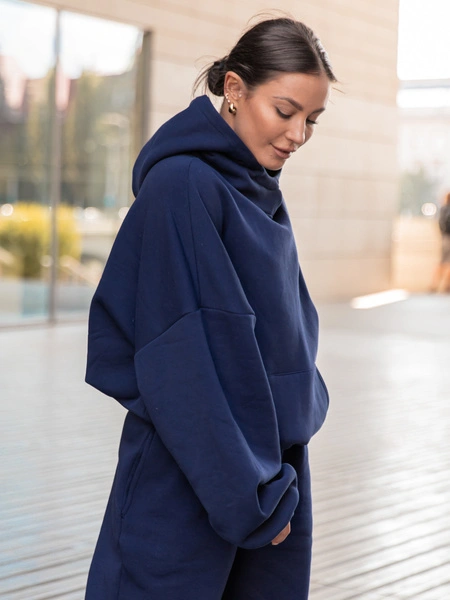 Viralowa Bawełniana BLUZA z drapanego dresu z kapturem na stójce z kieszeniami kangurka navy blue E1
