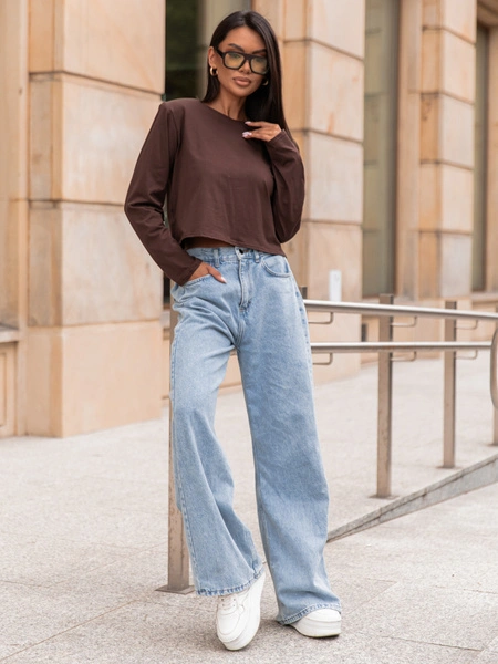 Bawełniany T-SHIRT bluzka z długim rękawem z poduszkami na ramionach brązowa X308 k01