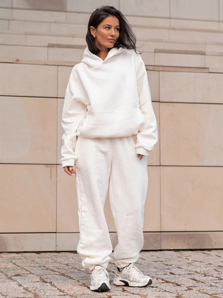 Dresowa bawełniana BLUZA z kapturem kangurka o klasycznym kroju ecru X350