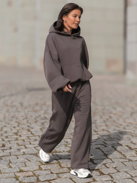 Dresowe bawełniane SPODNIE baggy dark mokka E643