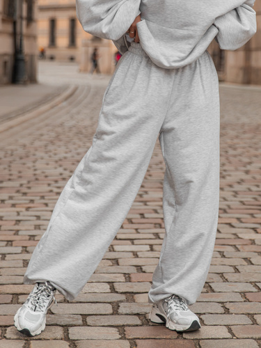 Luźne SPODNIE baggy z bawełnianej dresówki niedrapanej od wewnątrz szary melanż X151