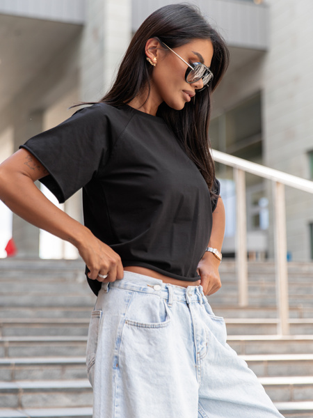 Bawełniany T-SHIRT bluzka z krótkim reglanowym rękawem czarny X354