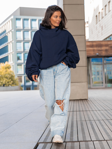 Viralowa Bawełniana BLUZA z drapanego dresu z kapturem na stójce z kieszeniami kangurka navy blue E1