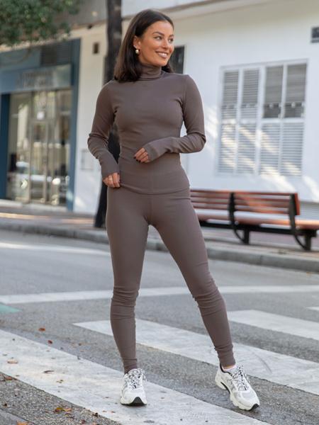 Bawełniane dopasowane SPODNIE LEGGINSY z dzianiny prążkowanej dark mokka X464