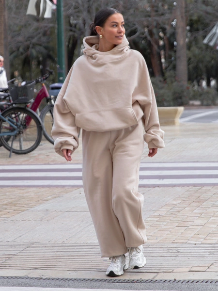 Oversizowy KOMPLET z drapanego bawełnianego dresu bluza z kapturem na stójce kangurka i spodnie szerokie baggy beżowy E1 + E643