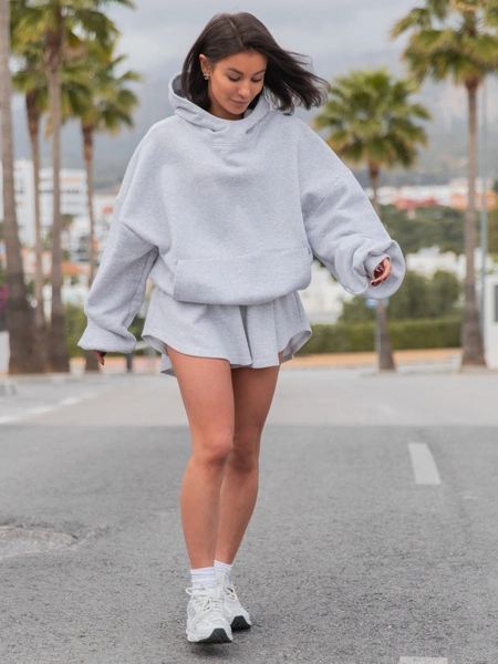 Viralowa Bawełniana BLUZA z drapanego dresu z kapturem na stójce z kieszeniami kangurka szary melanż E1