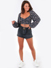 KRÓTKA MARSZCZONA BLUZKA SZEROKIE RĘKAWY czarna w kwiatki B162 k01