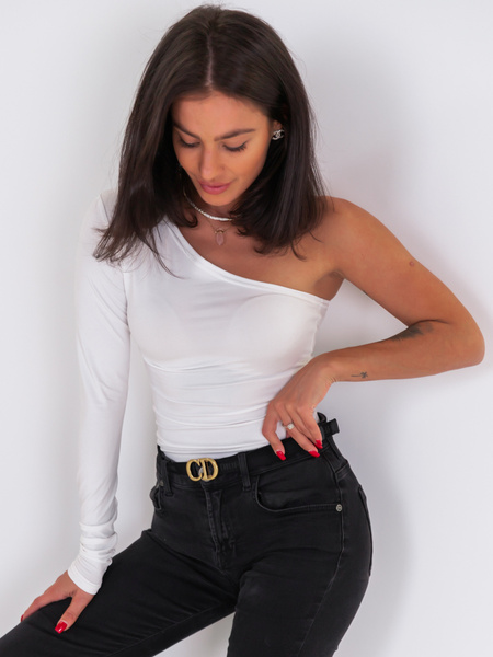 Dopasowana BLUZKA z gładkiej dzianiny z jednym długim rękawem biała E522 k01