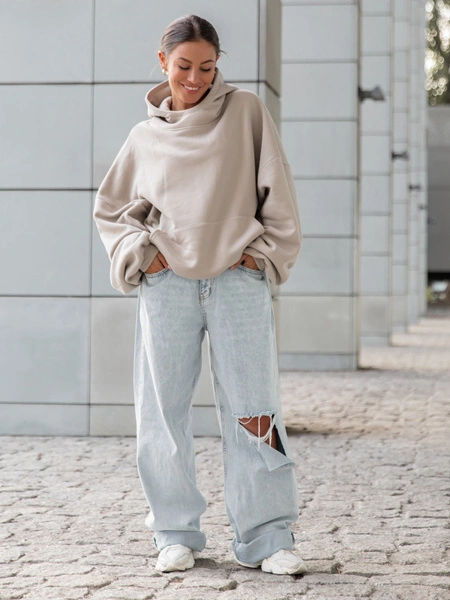 Viralowa Bawełniana BLUZA z drapanego dresu z kapturem na stójce z kieszeniami kangurka stone E1