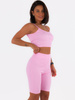 Bawełniany komplet kolarki i krótki top z prążkowanej dzianiny różowy c181